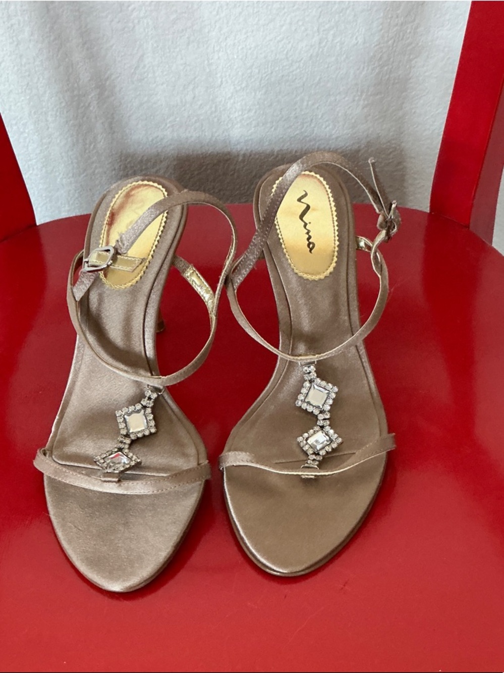Nina Gold Satin T-strap Rhinestone Party Heels